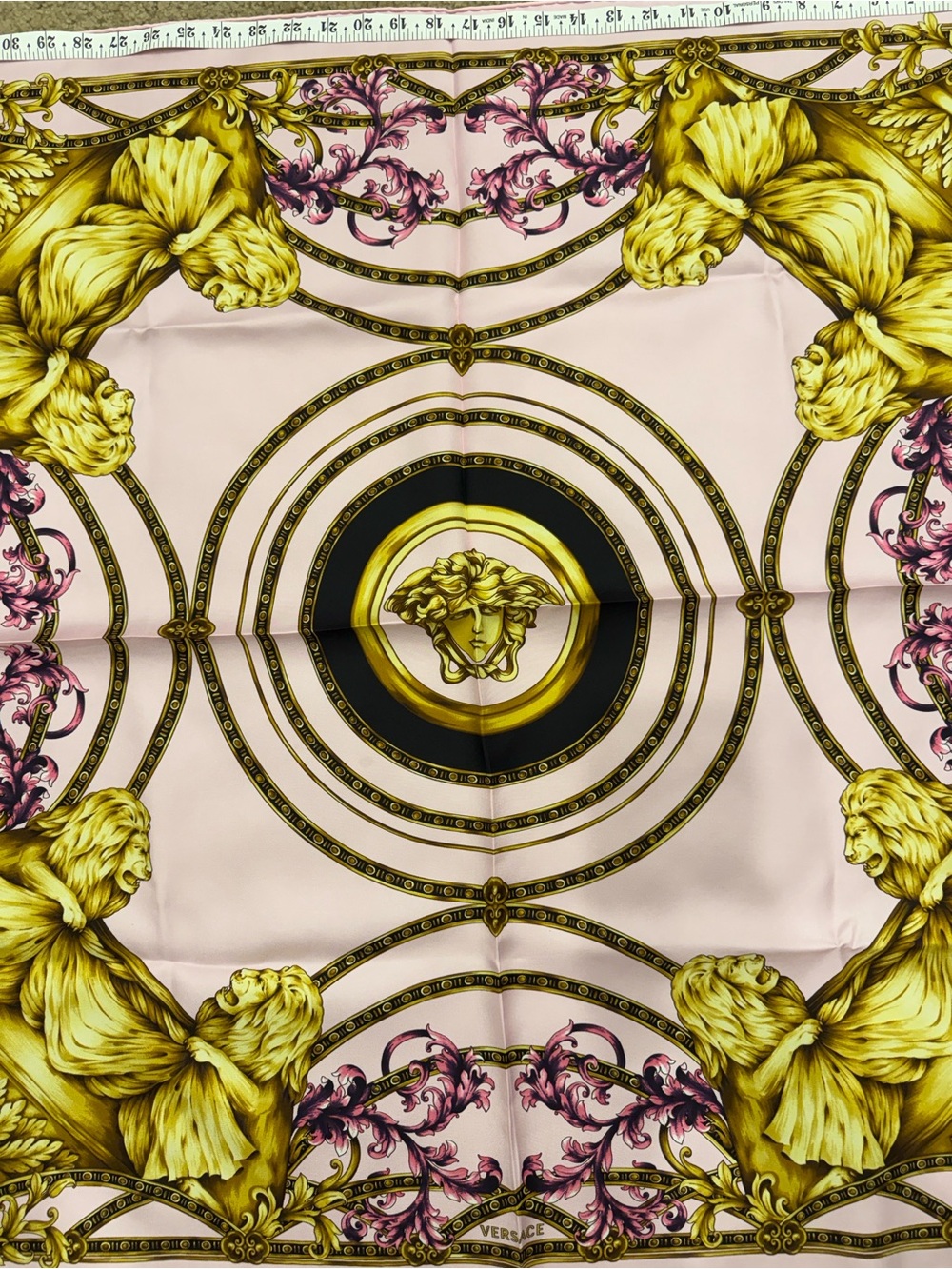 Versace Medusa Baroque Silk Scarf Pink Gold 35” x 35” New Made in Italy